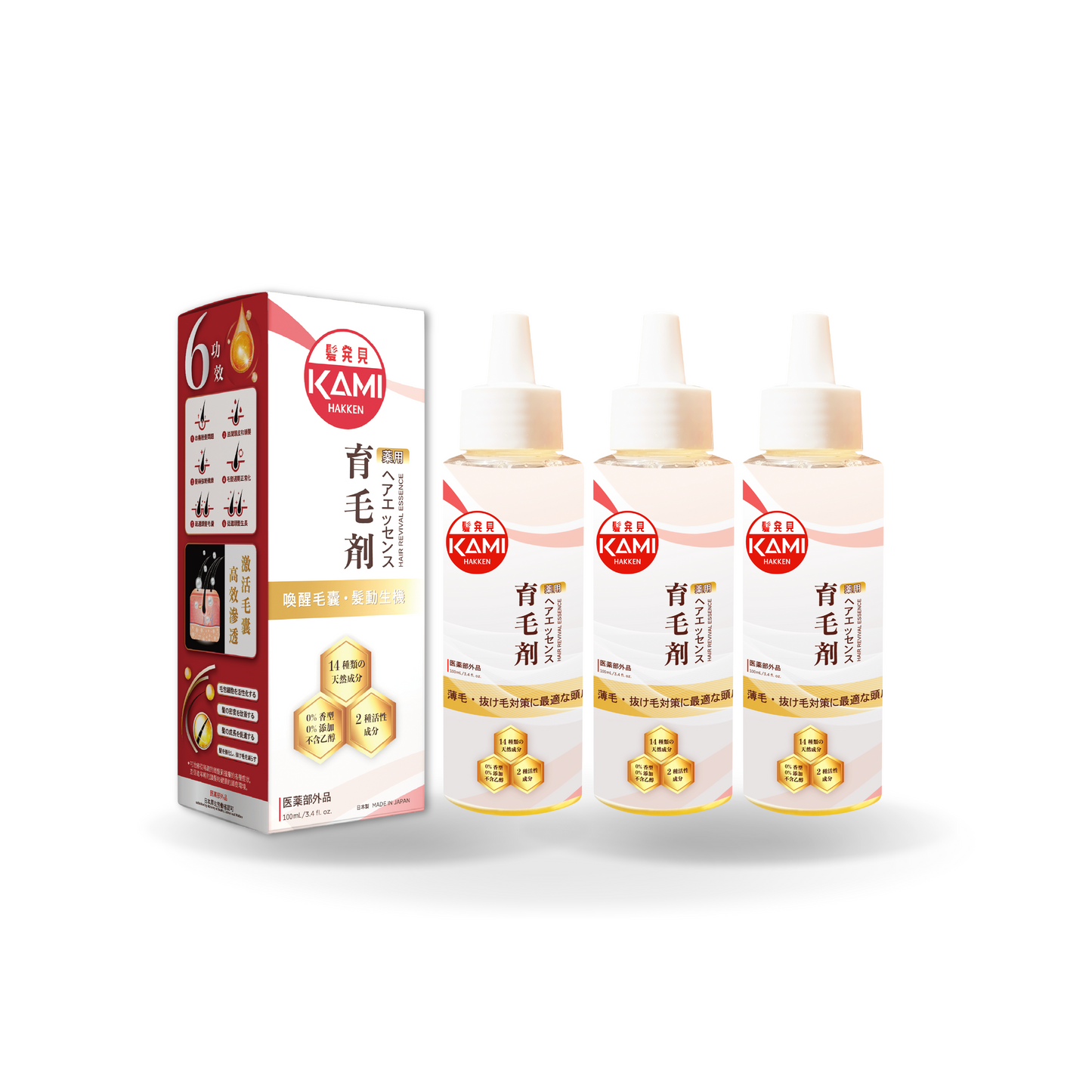 KAMI HAKKEN Hair Revival Essence 3 Bottle Combo - Natural Ingredients to Promote Growth